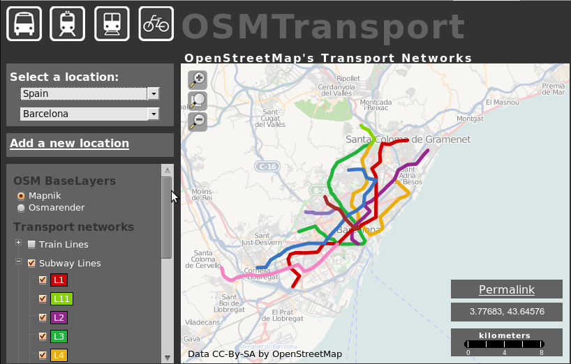 Barcelona public transport network in OpenStreetMap via OSMTransport