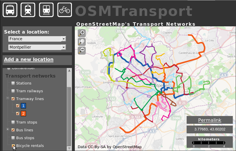 Réseau de transport en commun de Montpellier dans OpenStreetMap via OSMTransport