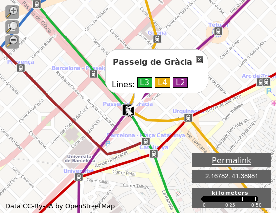 Passeig de Gracia station in OpenStreetMap via OSMTransport