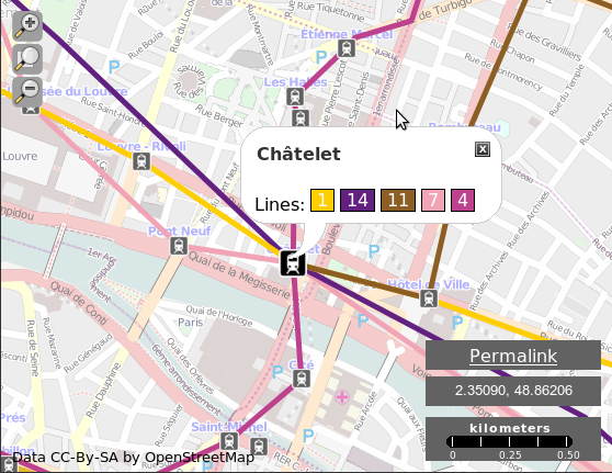 Station Châtelet dans OpenStreetMap via OSMTransport